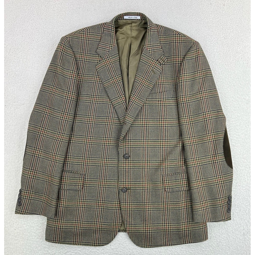 Faconnable Blazer Mens Large Brown Check Wool Tweed Elbow Patch Sport Coat Italy